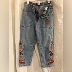 Driftwood dark red amber floral embroidered becky barrel jeans size 12 brand new